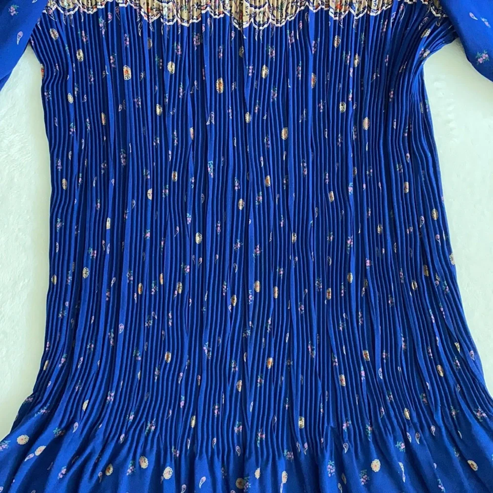 Vintage | Puff Sleeve Accordion Pleat Drop Waist Midi Dress Blue Floral Boho - Picture 8 of 16